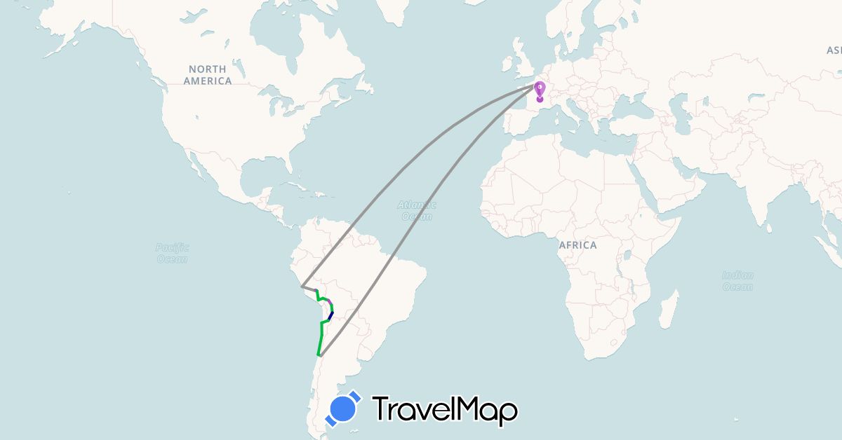 TravelMap itinerary: driving, bus, plane, train in Bolivia, Chile, France, Peru (Europe, South America)